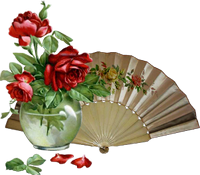  a beautiful fan and vase with roses